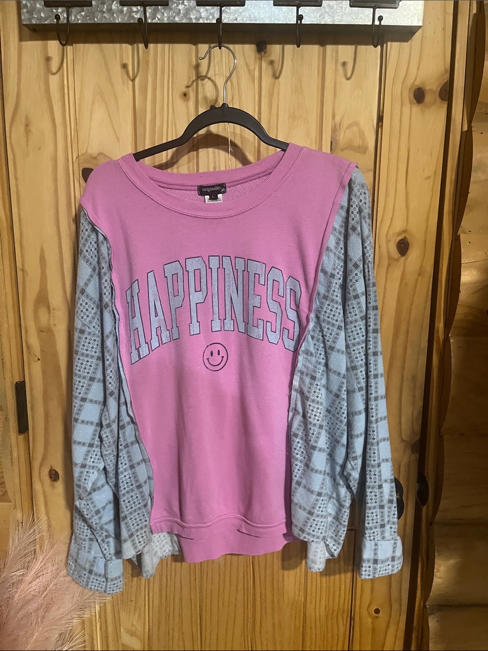 Upcycled Happiness Pink Pullover Sweatshirt with Vintage Patterned Blue Sleeves